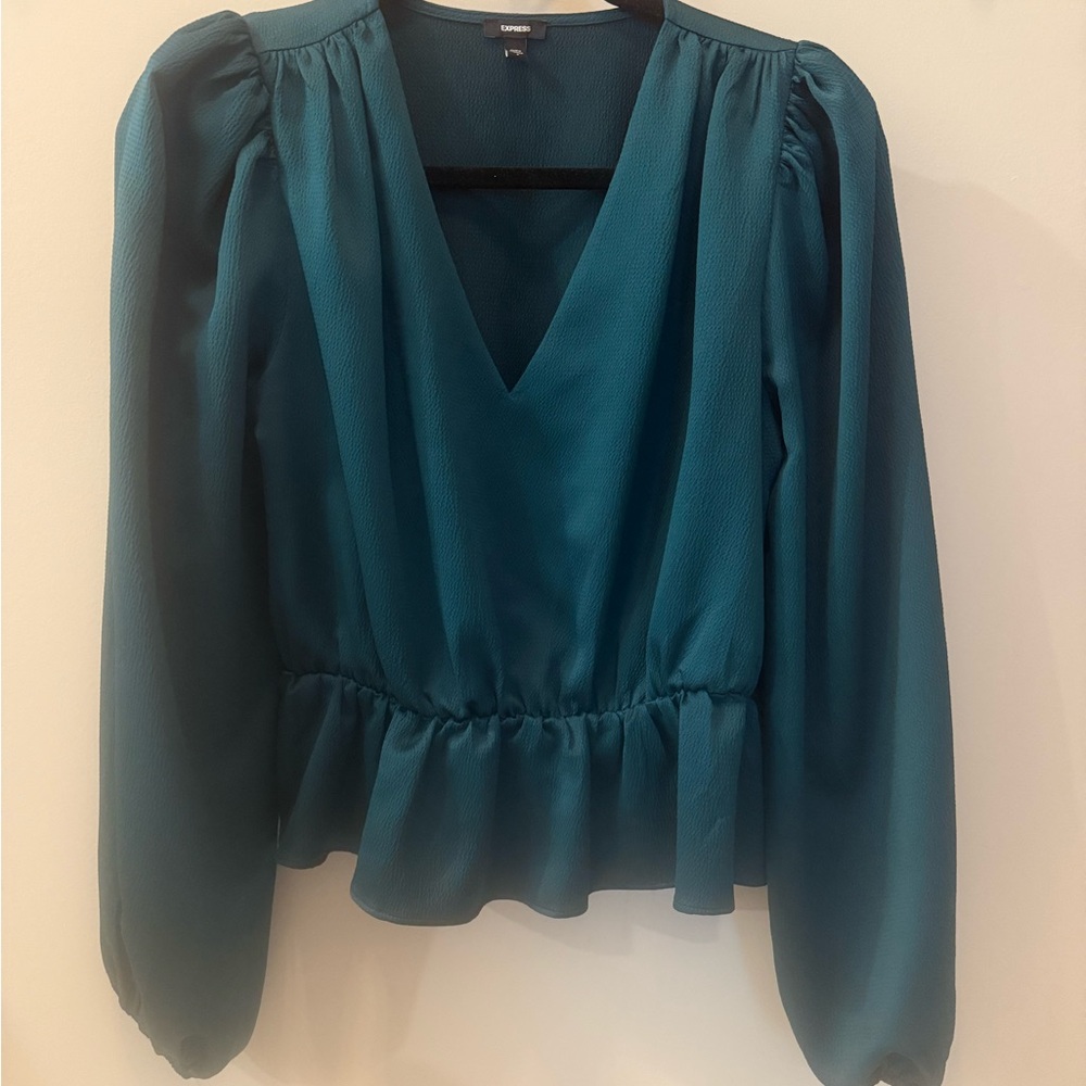 Express Deep Green V-Neck Peplum Blouse